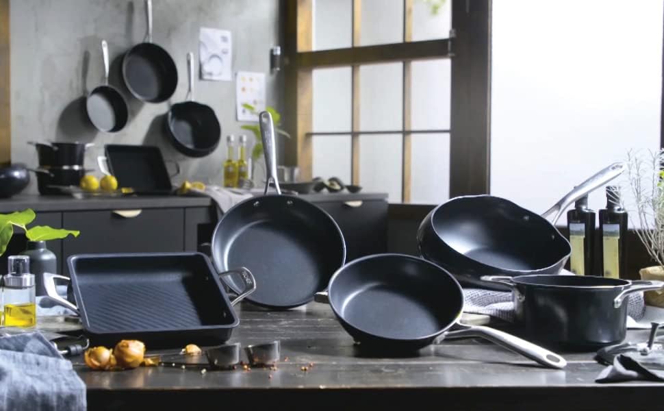 TECHEF – Onyx Collection – Juego de sartenes antiadherentes, sin PFOA, aptas para horno, mango de acero inoxidable que se mantiene fresco, listo