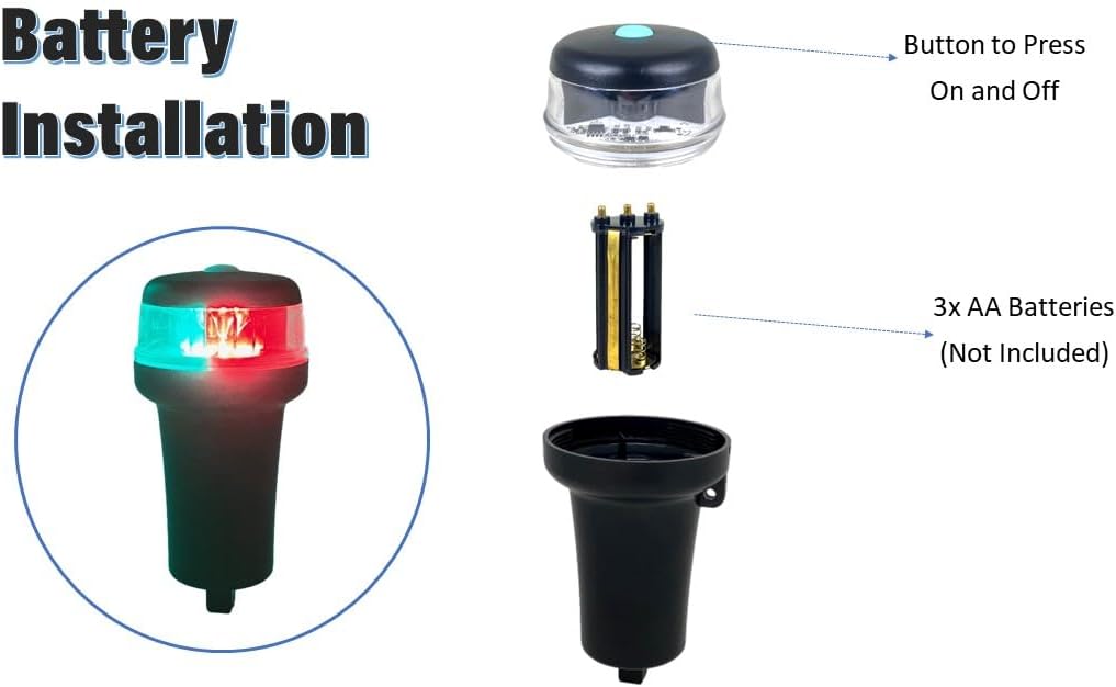 Pactrade Marine Luz de navegación de carcasa negra LED 3 AA funciona con pilas verde y rojo con adaptador barco inflable sin base adhesiva de