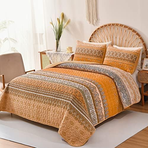 Juego de edredón bohemio tamaño Queen, colcha con estampado de rayas bohemias para todas las estaciones, juego de ropa de cama de microfibra ligera