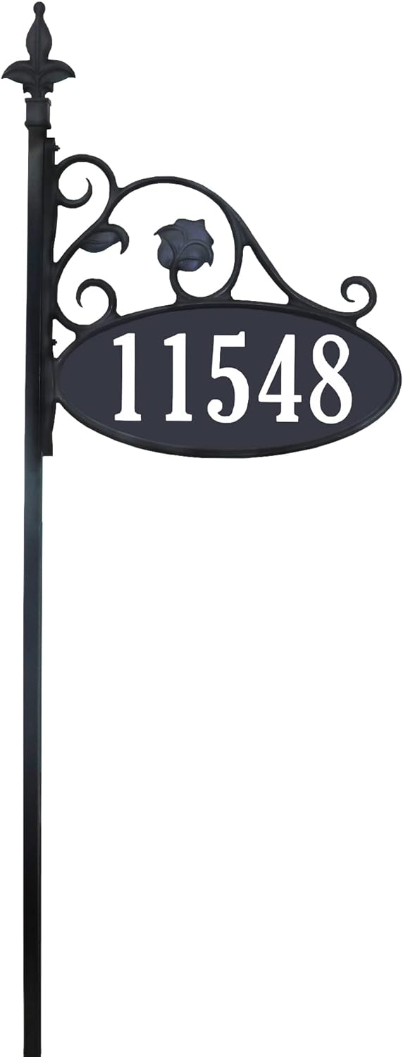 Letrero de dirección de casa 911 hecho a mano de Estados Unidos para patio, placa de dirección hecha a medida, aspecto de hierro forjado (poste de