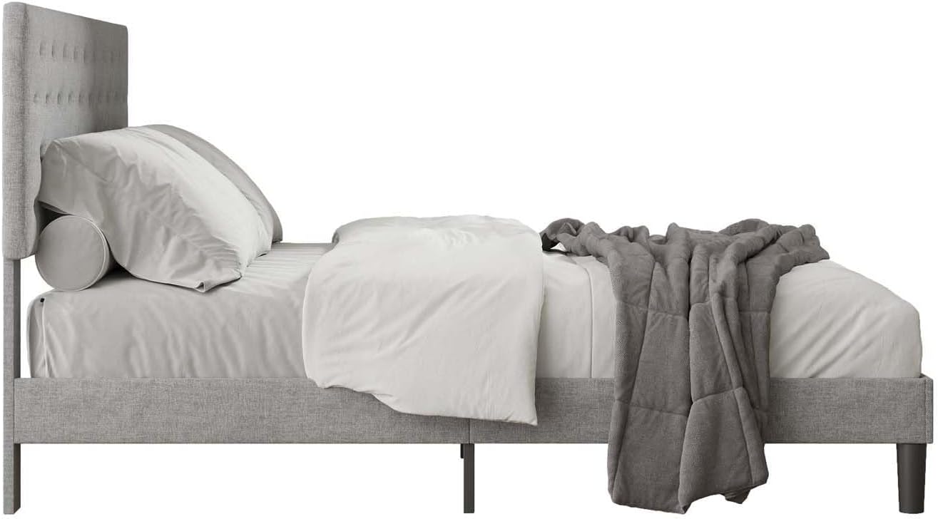 Base de cama tapizada de tamaño matrimonial con cabecera de botón ajustable, base de colchón con soporte de listones de madera, no necesita somier,