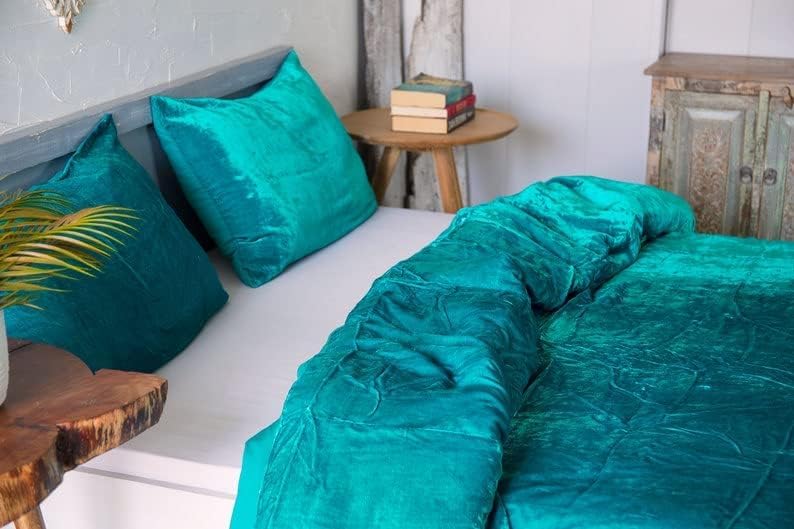 Funda de edredón de terciopelo sólido ultra lujosa, ropa de cama bohemia de 3 piezas, juego de ropa de cama de terciopelo (azul aguamarina, tamaño