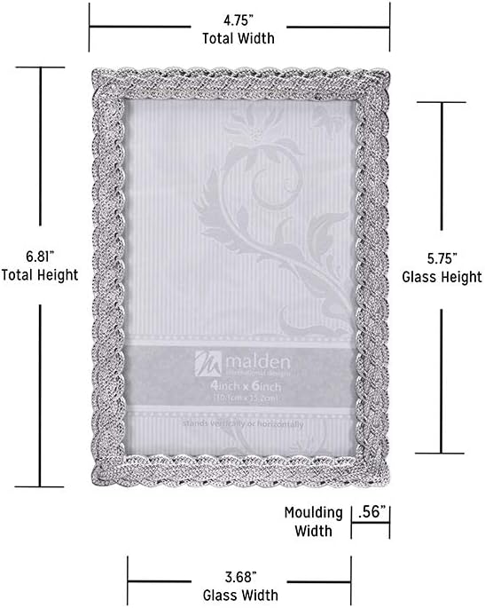 Malden International Designs Belmore – Marco de fotos trenzado plateado, 4 x 6, color plateado