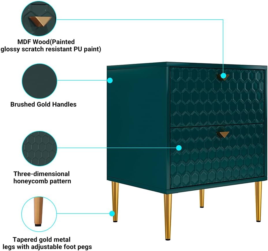 Mesita de noche con 2 cajones, elegante armario de noche de alto brillo con pomos de latón para sala de estar, dormitorio, verde