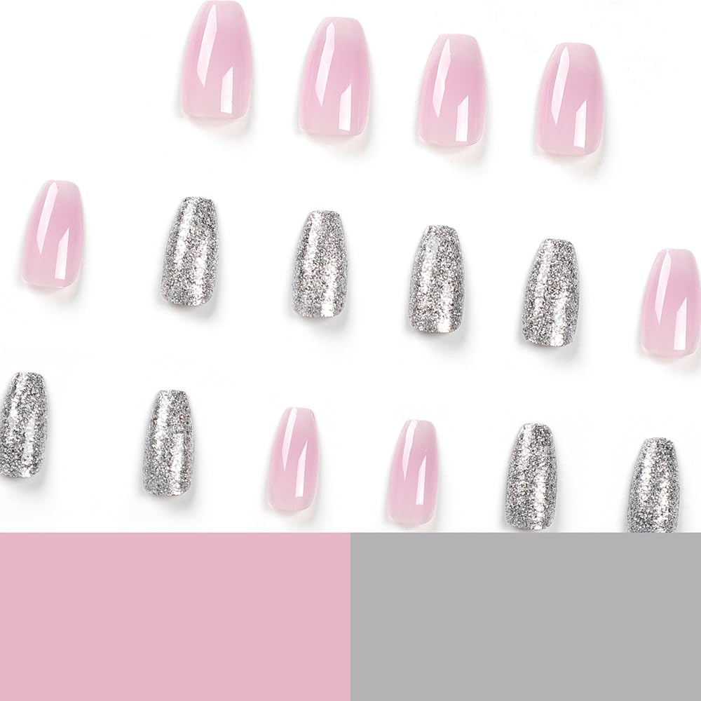 24 uñas postizas a presión color rosa, cuadradas, cortas, bailarina, ataúd, bailarina, uñas postizas a presión, diseño de purpurina degradada,