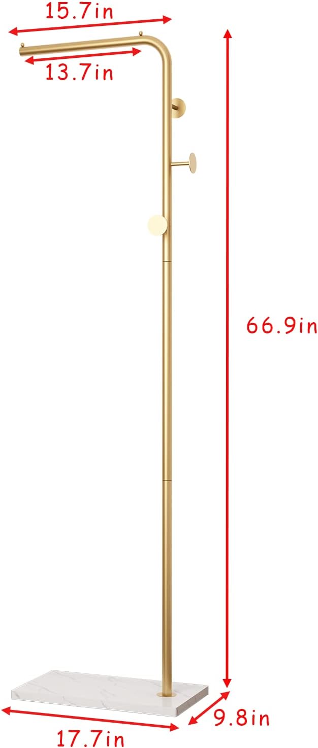 Perchero dorado independiente, perchero dorado con base de mármol natural, árbol con 3 ganchos, moderno perchero de 68 pulgadas para dormitorio,