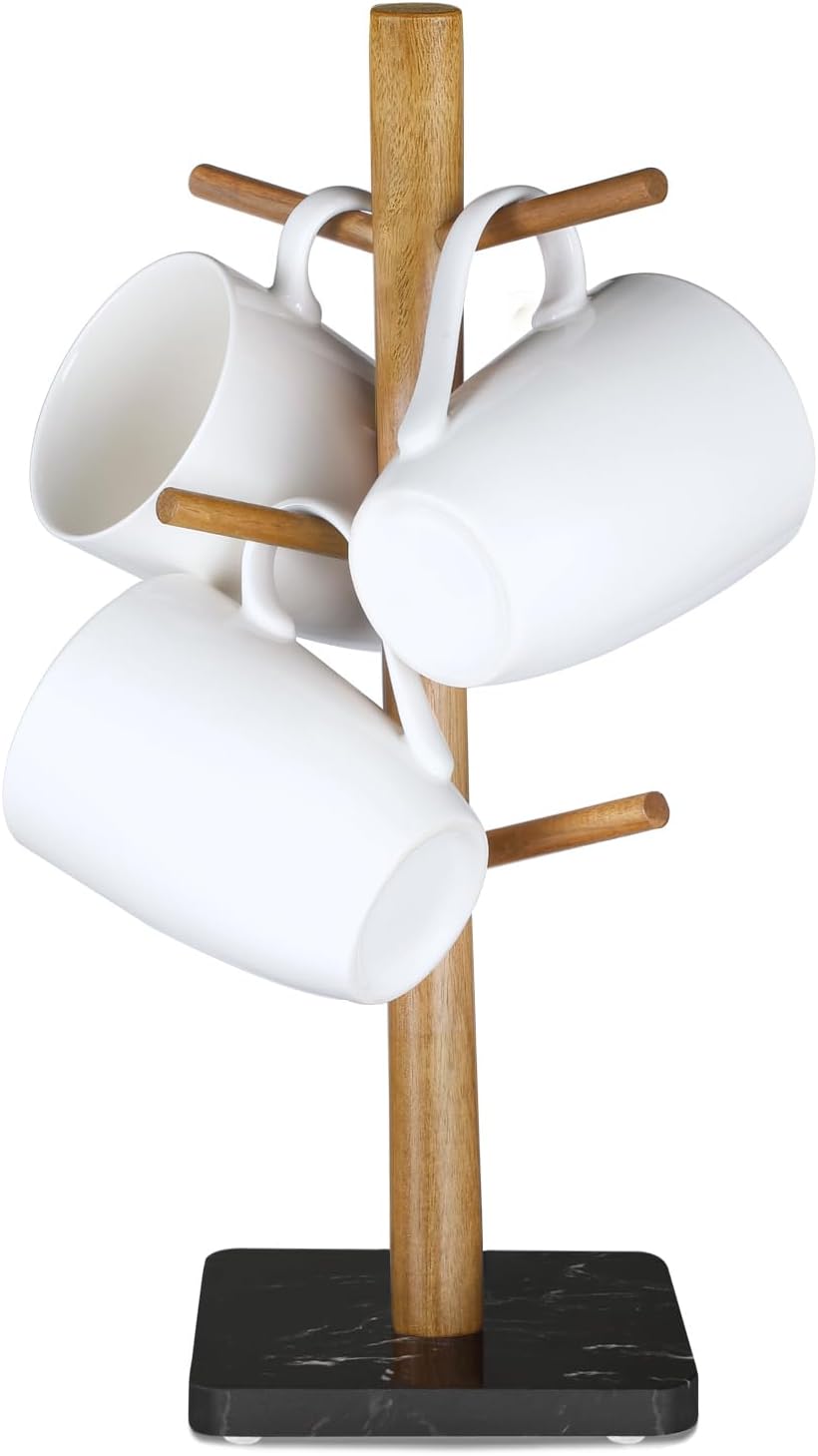 Buruis Soporte para tazas de madera, base de mármol, soporte para tazas, soporte para tazas, taza de café de cocina, soporte para encimera, soporte