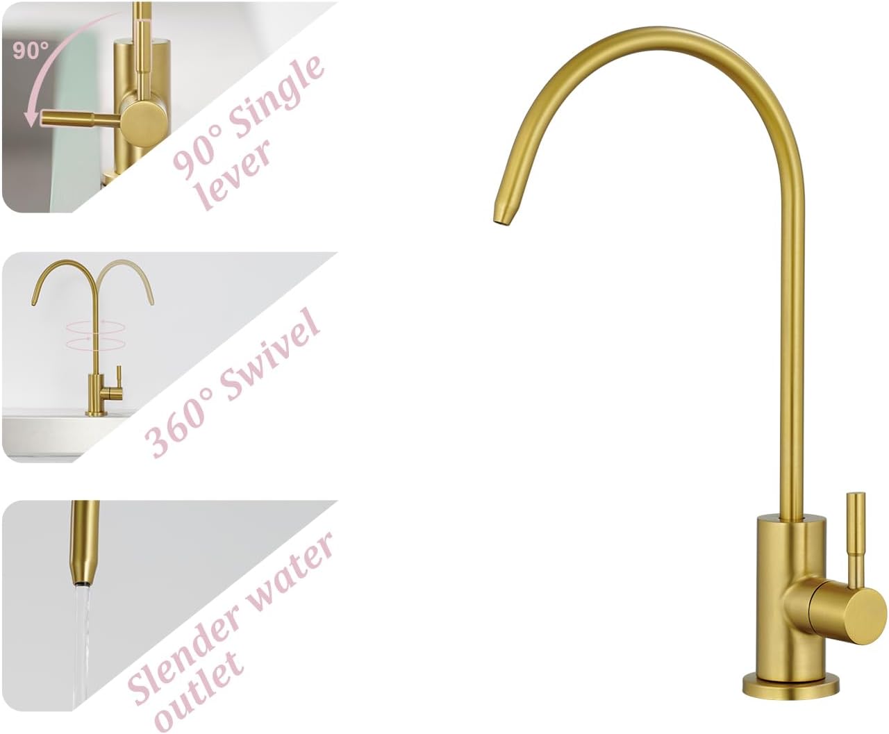 Tohlar Grifo de agua potable para fregadero de cocina, grifo de agua filtrada dorada, grifo de ósmosis inversa sin plomo, sistema de filtración de
