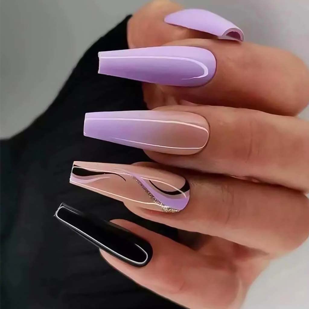 RikView Uñas postizas largas a presión con forma de ataúd, uñas acrílicas negras, uñas postizas moradas, uñas brillantes para mujeres y niñas