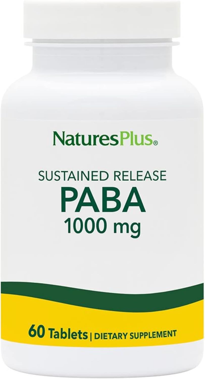 NaturesPlus PABA, liberación sostenida (ácido para-aminobenzoico) – 1000 mg, 60 tabletas vegetarianas – Suplemento de apoyo para la salud de la