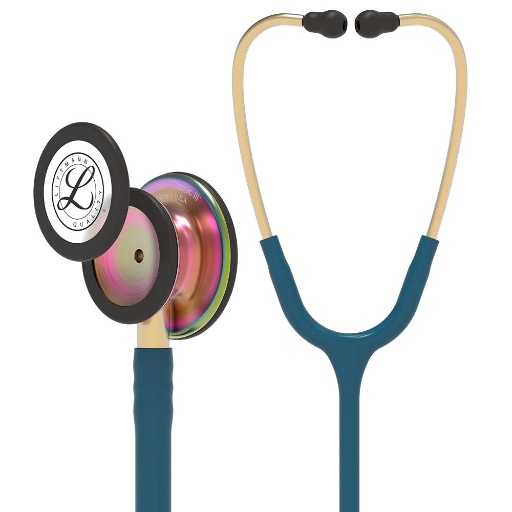3M 5870 Littmann Classic III – Estetoscopio de monitoreo con acabado de arco iris con etiqueta de identificación negra, tubo azul caribeño de 27