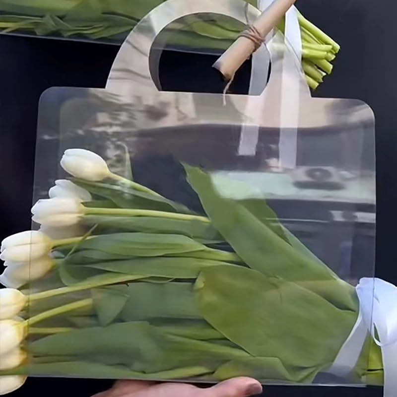 YAMSLAM Caja de flores transparente con asa Bolsas de embalaje de flores portátiles regalo Contatiner bolso de boda rosa envoltura caja de regalo de