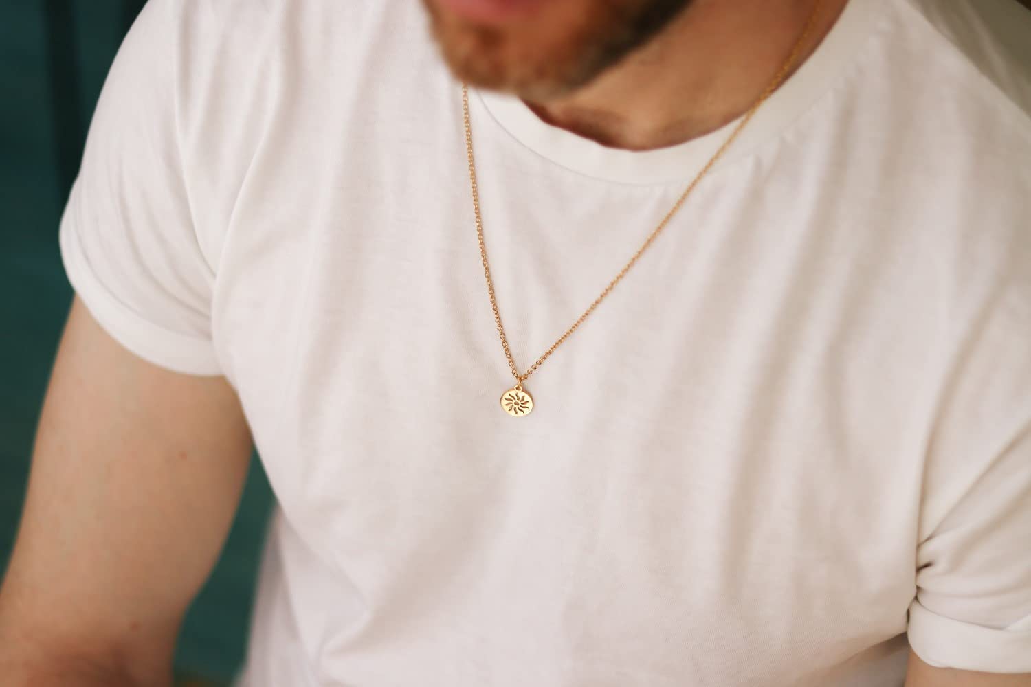Sun necklace for men, groomsmen gift, men’s necklace gold sun pendant, stainless chain necklace, gift for him, Yoga necklace, waterproof