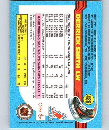 1991-92 O-Pee-Chee Hockey #486 Derrick Smith Philadelphia Flyers Official NHL Trading Card Produced By Topps