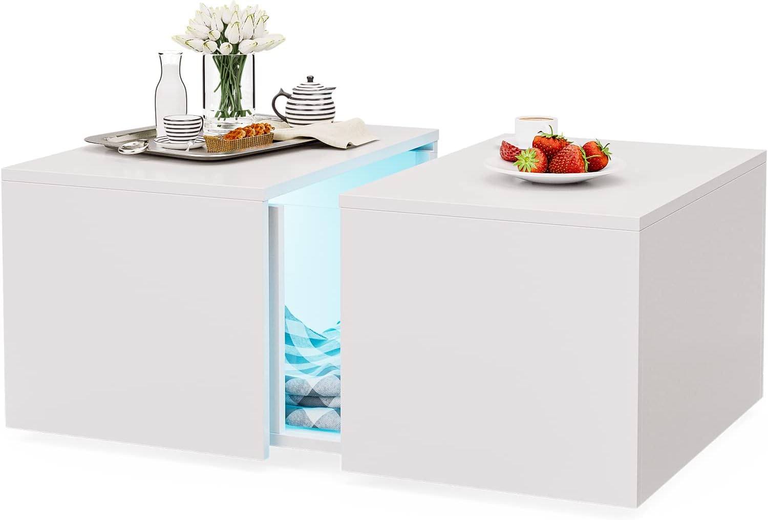 IKIFLY Moderna mesa de centro LED pequeña con compartimento oculto retráctil, mesa de centro blanca de tamaño pequeño alto brillante con luces LED