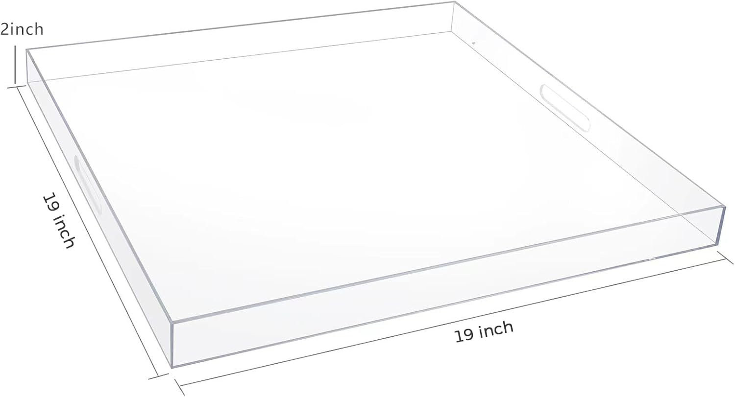 MIKINEE Bandeja de servir de acrílico transparente de 19 x 19 pulgadas con asas, bandeja otomana extra grande, bandeja decorativa a prueba de