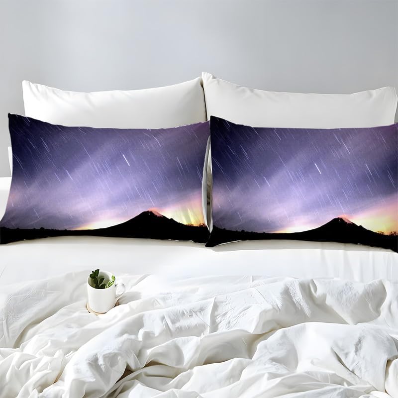 Light Purple Shooting Star Duvet Cover Queen Landscape Print Bedding Sets Queen Soft Microfiber Comforter Cover and 2 Pillow Shams 20″X26″, Bed Set