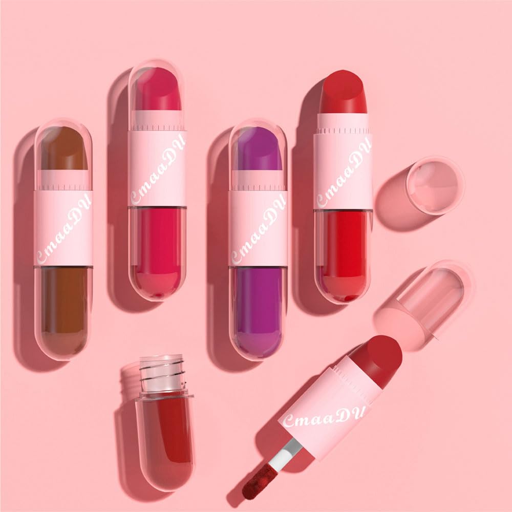 evpct Lápiz labial mate 2 en 1 y larga duración, a prueba de manchas, brillo de labios, juego de 3 piezas para mujer, color rojo rubí oscuro, beige,