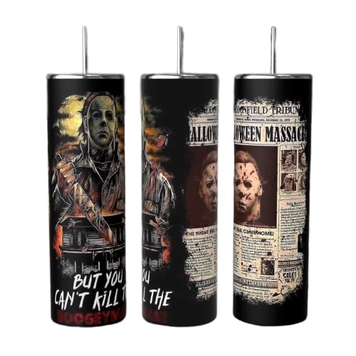 Halloween Horror Movie Michael Meyers 20 oz Skinny Thermal Insulated Stainless Steel Tumbler for Hot or Cold Beverages Includes Stainless Steel