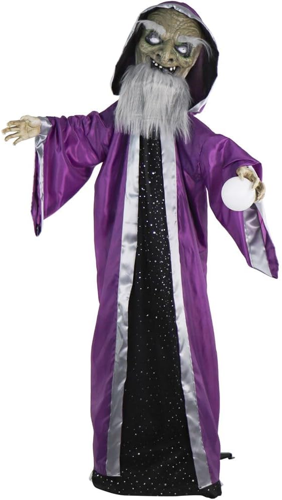 Haunted Hill Farm Asistente animatrónico parlante con movimiento y bola de cristal iluminada para decoración de Halloween con pilas para interiores