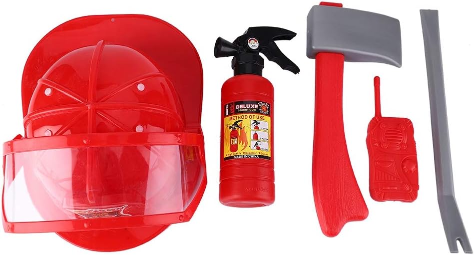 Accesorios de disfraz de bombero para juego de rol, 5 piezas de bombero para niños, kit de juguetes de cosplay – casco, extintor de incendios,