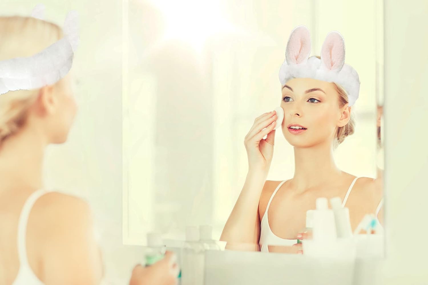 Diadema de spa, diadema de maquillaje con orejas de conejo para lavar la cara, orejas de conejo, diadema de forro polar coral para el cuidado de la