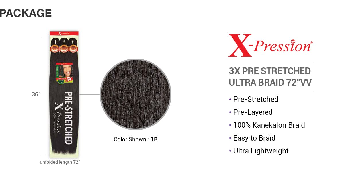 Outre Braids X-Pression Kanekalon 3X preestirada ultra trenza de 72 pulgadas (1 paquete, 2)