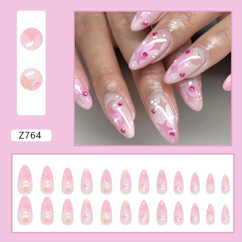 Uñas postizas a presión de almendra, uñas postizas medianas y brillantes, uñas postizas con diseño de estrella, uñas de cobertura completa, uñas