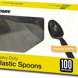 POSATE Cucharas de plástico pesadas, color negro, paquete de 100, utensilios desechables para suministros de fiesta POSATE Cucharas de plástico pesadas, color negro, paquete de 100, utensilios desechables para suministros de fiesta