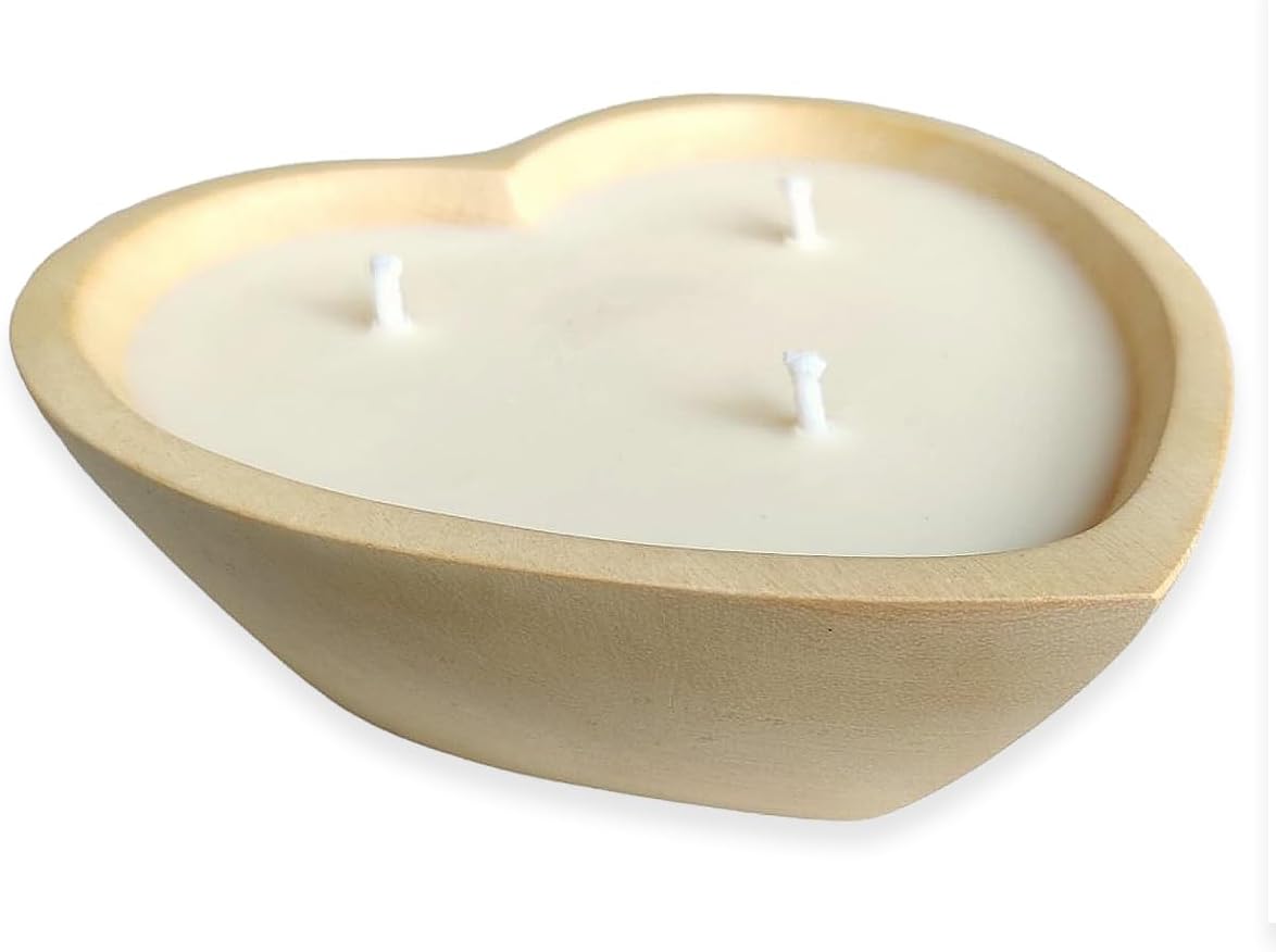 Vela de cuenco de madera en forma de corazón de 6 pulgadas con cera de soja, 3 mechas de 5 onzas, velas decorativas para aniversario, compromiso,