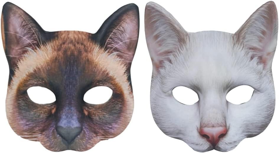 Abaodam 2 máscaras realistas de gatos, animales de media cara, de atigrado, suministros para fiesta de disfraces de Halloween (marrón, blanco)