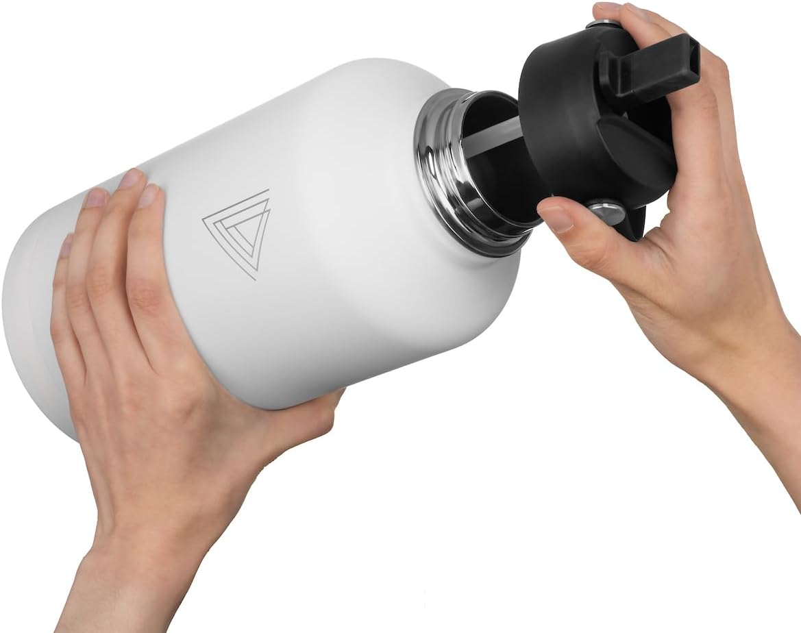 Botella de agua deportiva de acero inoxidable – 64 onzas, 2 tapas (tapa con pajilla), botella de agua aislada al vacío con 2 tapas (tapa con