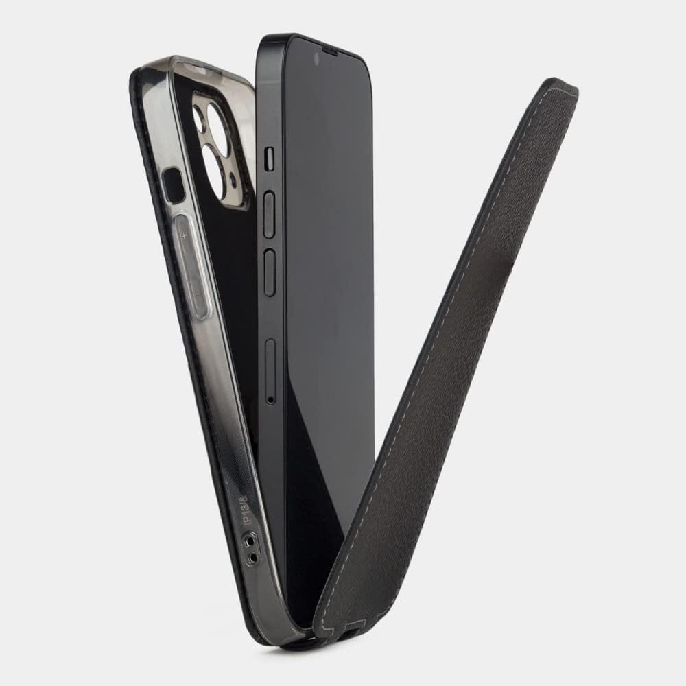 Marcel Robert – Funda de piel con tapa para iPhone 13 – Modelo patentado – Fabricado en Francia – Negro