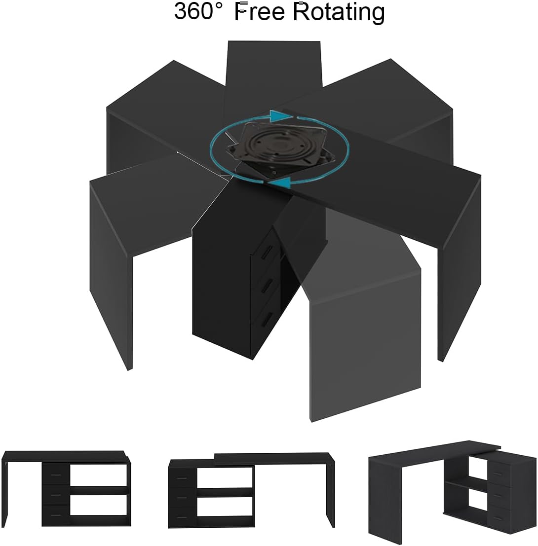 HSH Escritorio negro en forma de L con estantes de cajones, escritorio giratorio de 360 grados para oficina en casa en forma de L con gabinete de