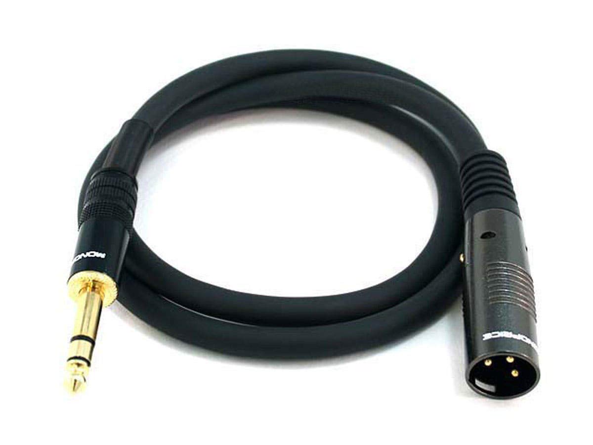 Monoprice XLR macho a cable TRS macho de 14 de pulgada – Botas moldeadas para aliviar la tensión, chapadas en oro, 16AWG, 3 pies, color negro –
