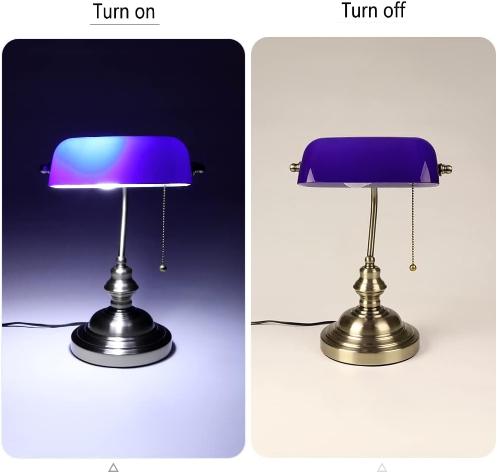 FIRVRE Lámpara de escritorio de cristal azul brillante ejecutiva lámpara de mesa base de acabado bronce con interruptor de cadena de tracción E26