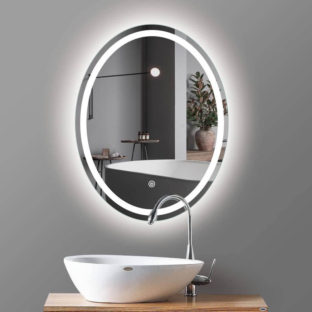 TACOVICI Espejo de tocador de baño iluminado por LED, 24 x 32 pulgadas, frontal y retroiluminado, montaje en pared, interruptor táctil, regulable,