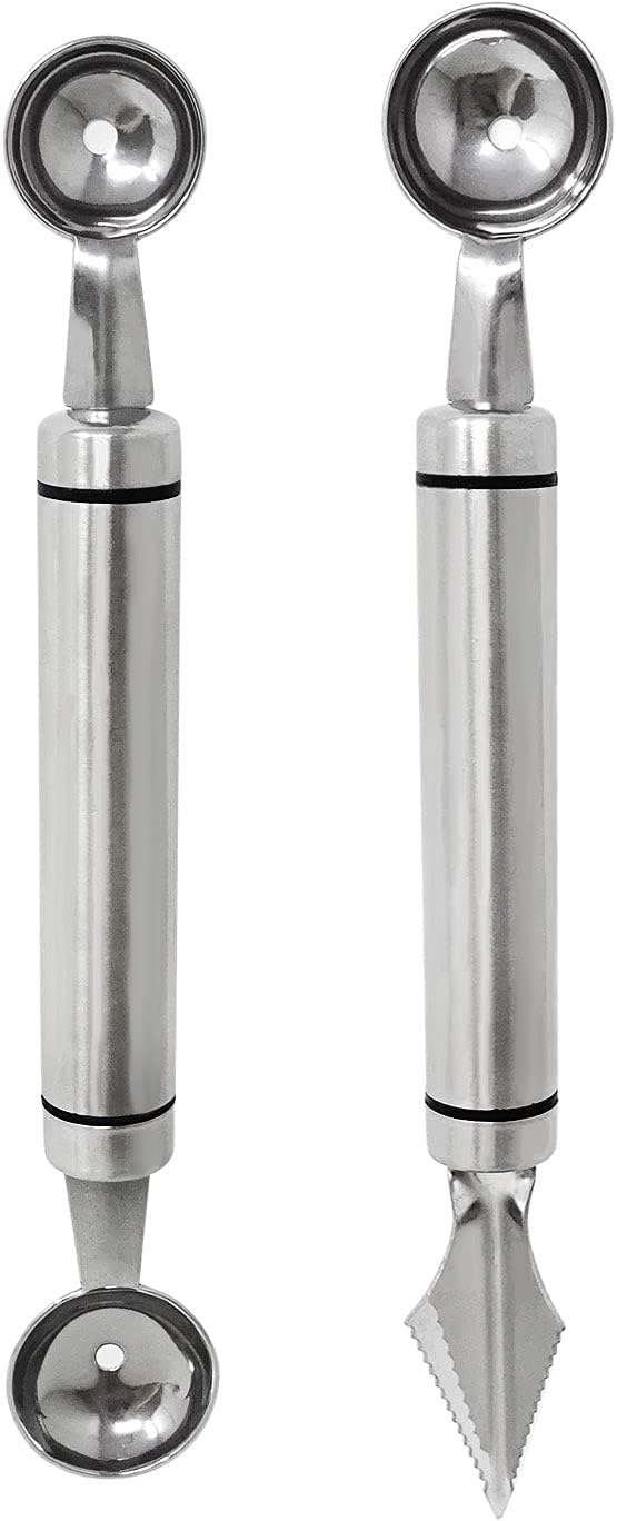 Honbay 2 piezas de acero inoxidable de doble cabeza de melón Baller Scoop cuchillo para tallar frutas, cuchara de cocina de doble propósito,