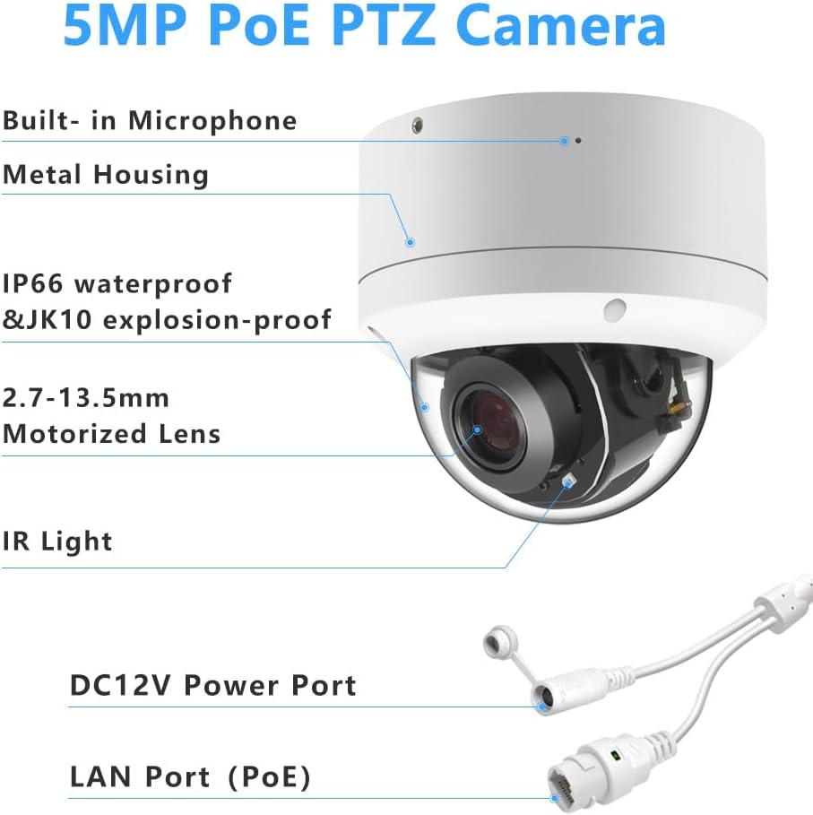 Seguridad 5.0MP H.265 POE IP PTZ Cámara, 5X 0.106-0.531 in AF Lente, IP66 impermeable exteriorinterior cámara domo de red a prueba de vandalismo,