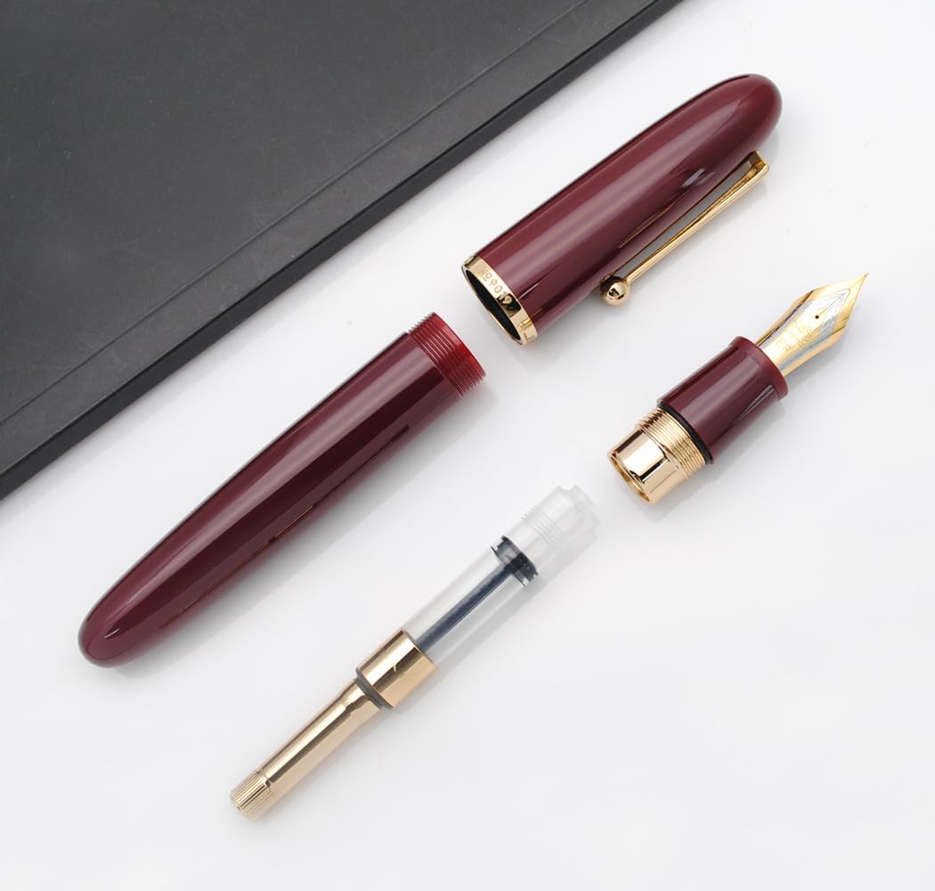 JINHAO 9019 – Pluma estilográfica Dadao Series con convertidor de tinta de alta capacidad (color rojo vino, punta extrafina de 0.015 in)