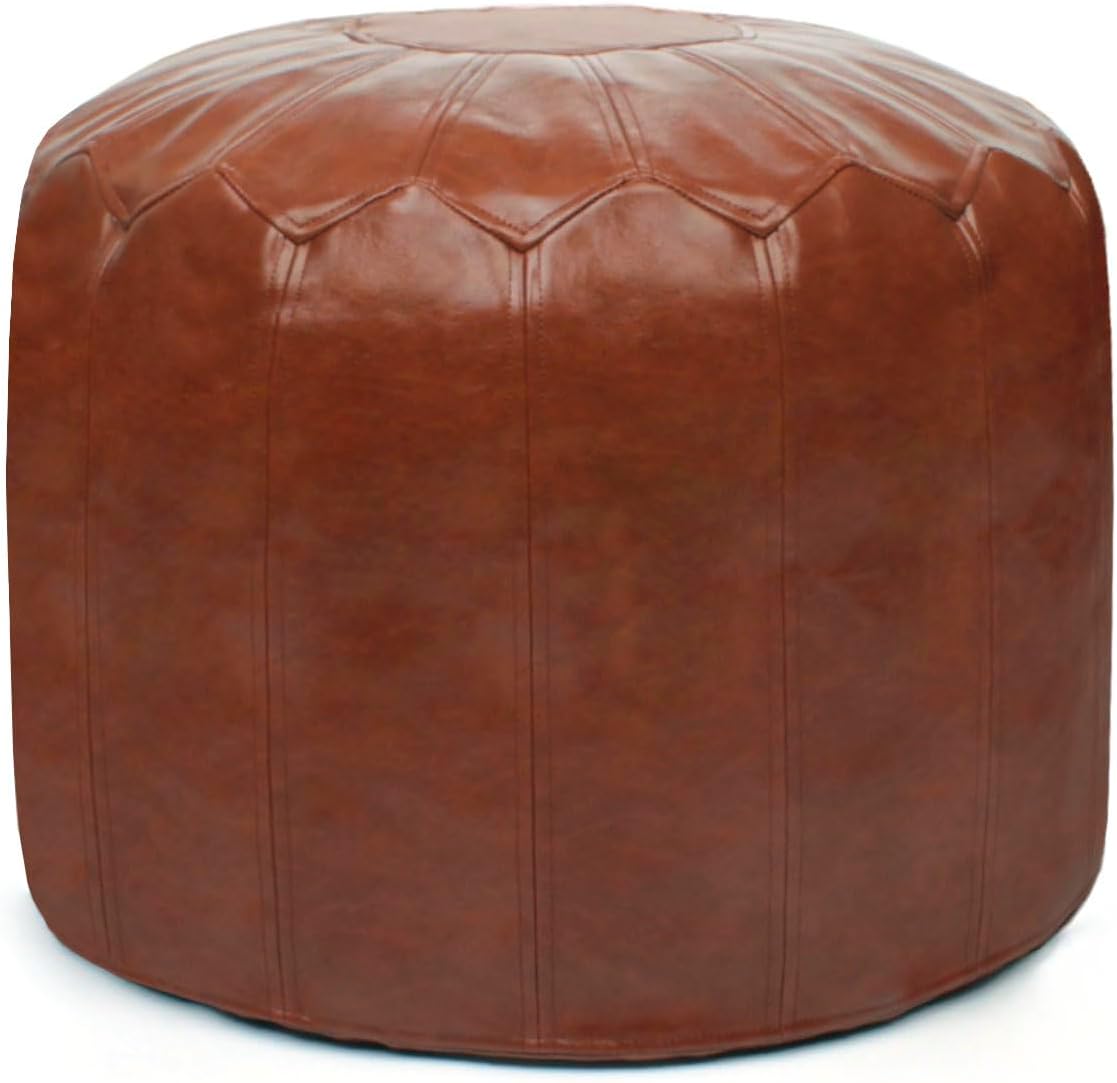 Otomano redondo de piel sintética con estilo, solución de almacenamiento para muebles de sala de estar. Diseño inspirado en Marruecos y costuras