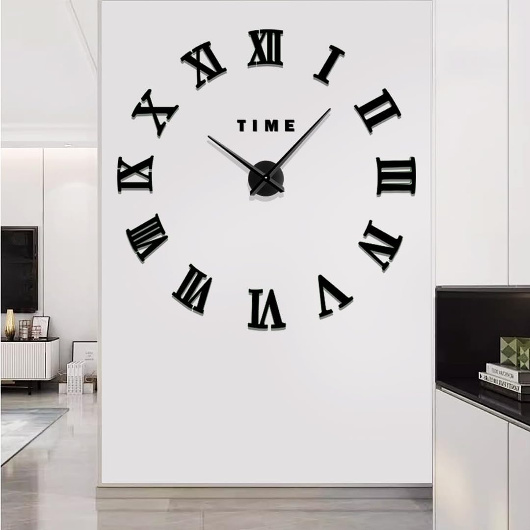Reloj de pared 3D sin marco con números romanos vintage para decoración de sala de estar, relojes de pared decorativos a pilas (negro)