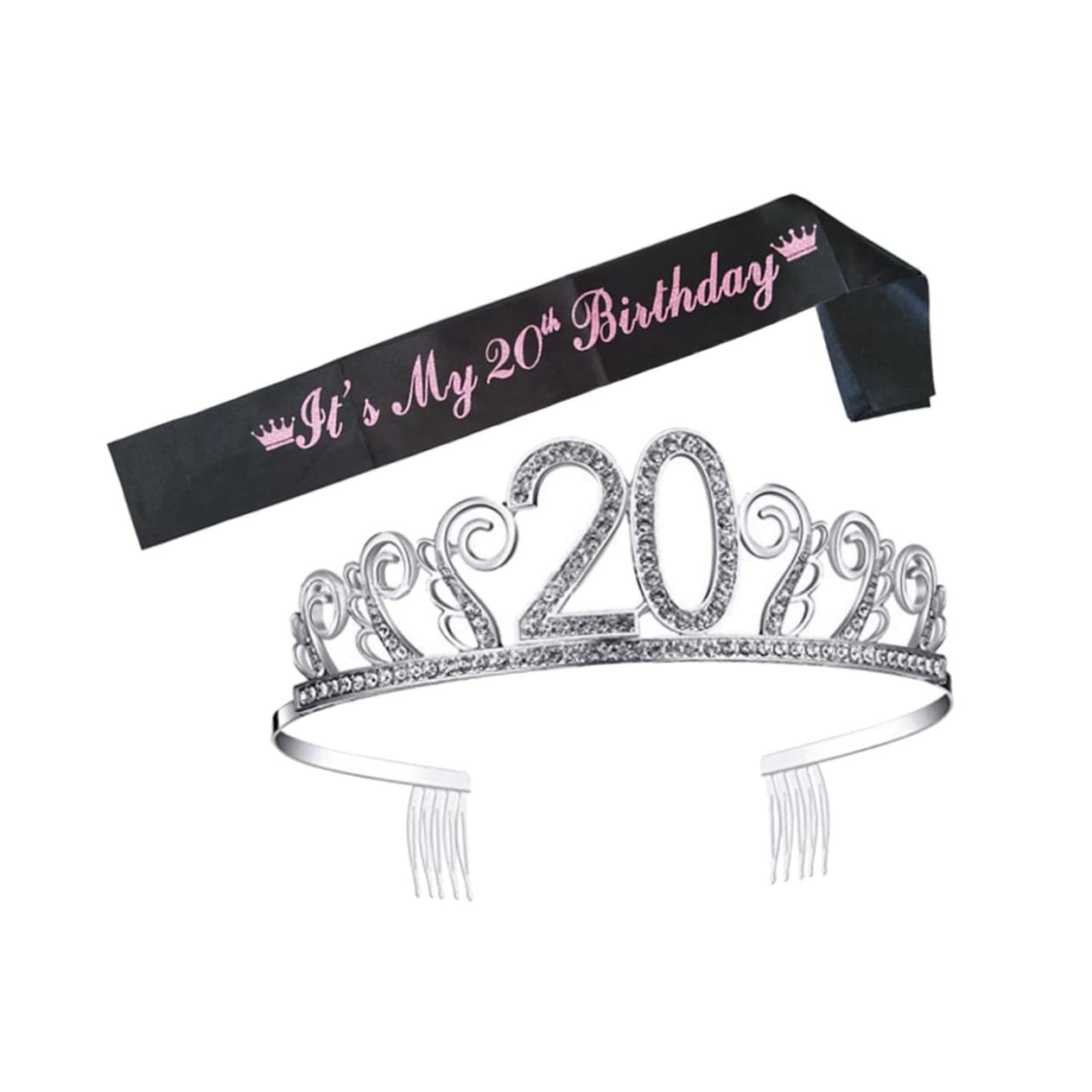 minkissy 1 Set 20 Happy 20th Birthday Tiara Birthday Rhinestone Crystal Birthday Party Etiquette Belt 20th Birthday Headband 20th Bday Sash
