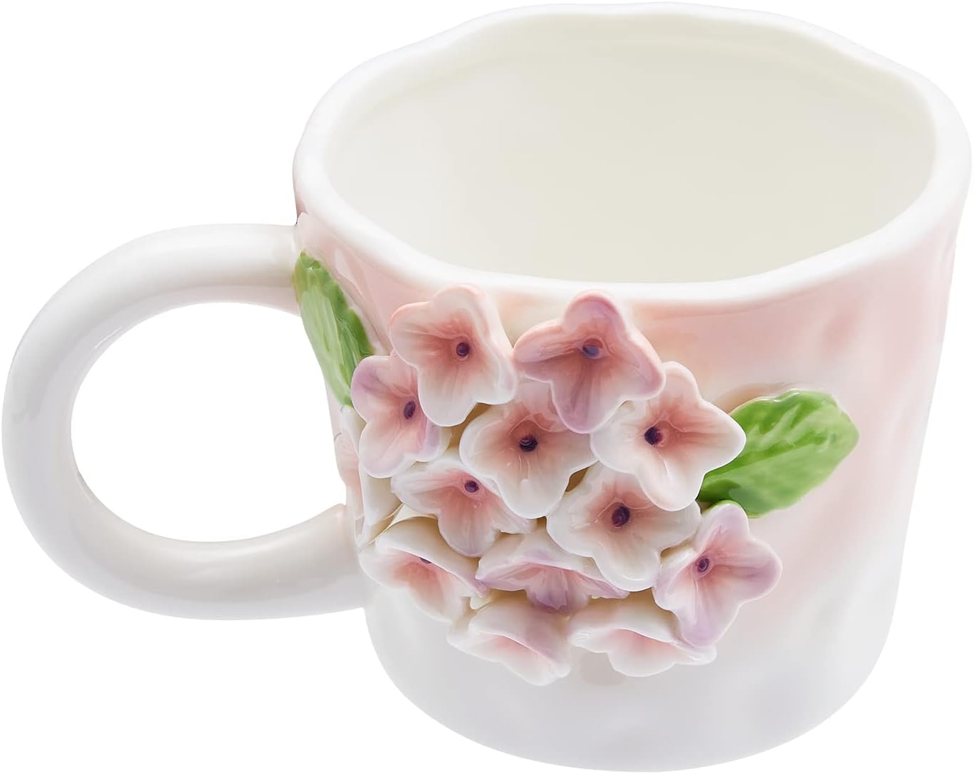 Szoyeay Taza de café con flores 3D, taza de cerámica de hortensias rosas, 12 onzas, lindas tazas hechas a mano, sorpresa de cumpleaños de Navidad