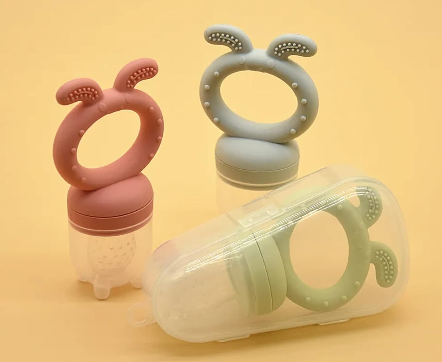Chupete de silicona sin BPA para dentición de frutas frescas con tres tamaños diferentes de pezón, tapa de chupete y funda protectora en rosa, gris