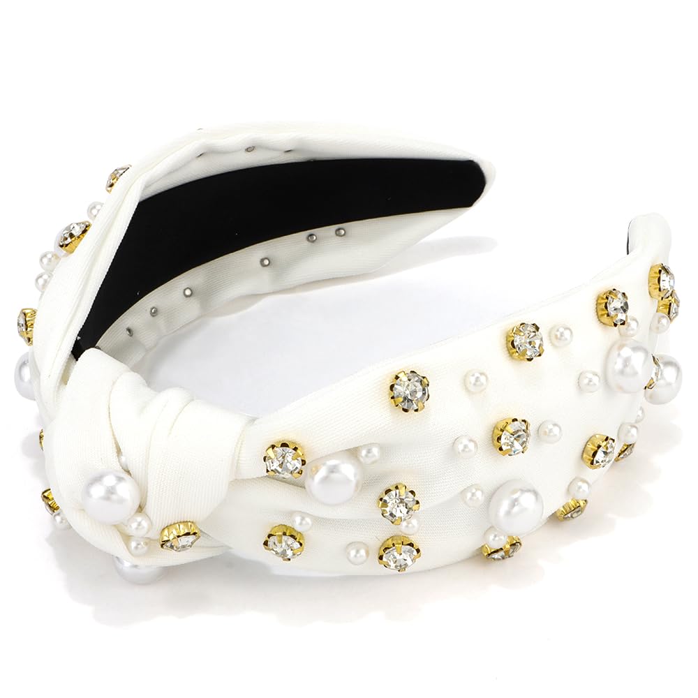 Atoden Diademas anudadas blancas con diamantes de imitación de perlas para mujer, diademas anchas con nudo superior con cuentas, bandas de cabeza