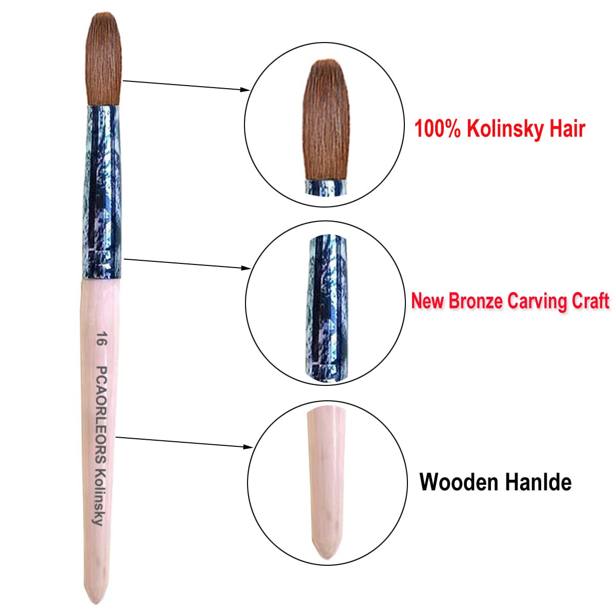 PCUORLEORS Cepillo de uñas acrílicas, cepillo de pelo puro Kolinsky Sable con mano de madera y tubo de cobre de color retro, cepillo de gel redondo