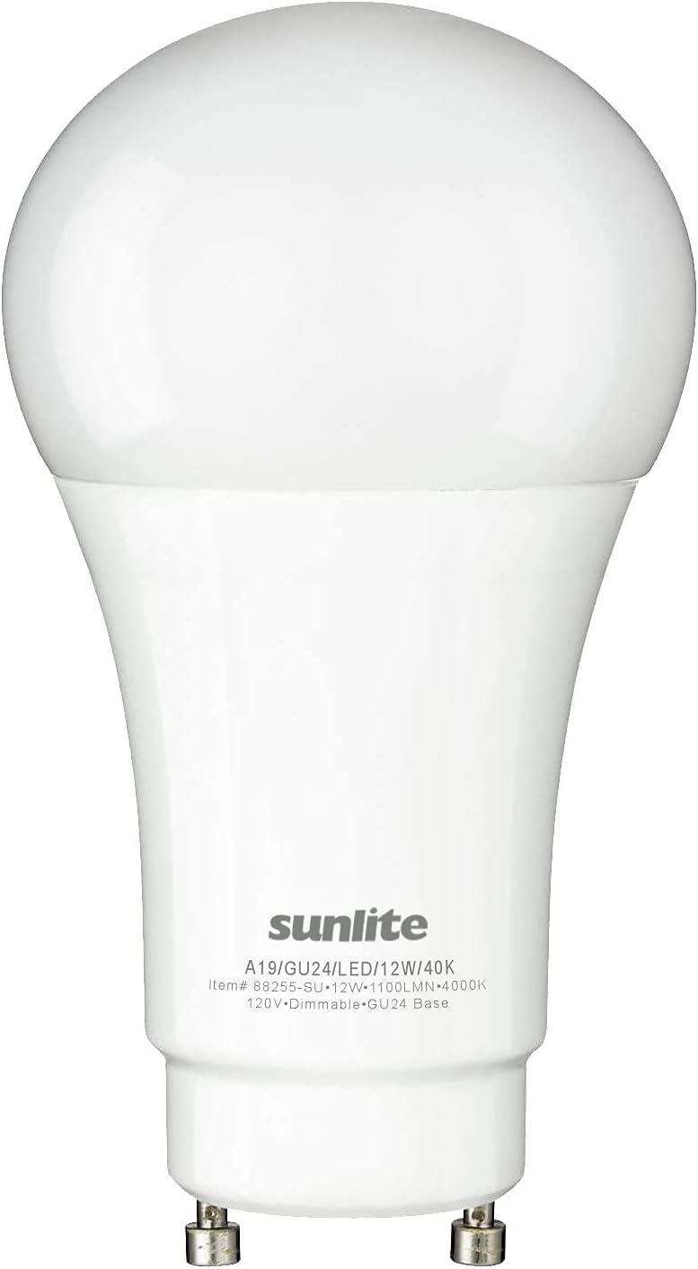 Sunlite 88255 Bombilla LED A19 de 12 vatios (equivalente a 75 W) 1100 lúmenes, base GU24 Twist and Lock, regulable, certificación UL, Energy Star,