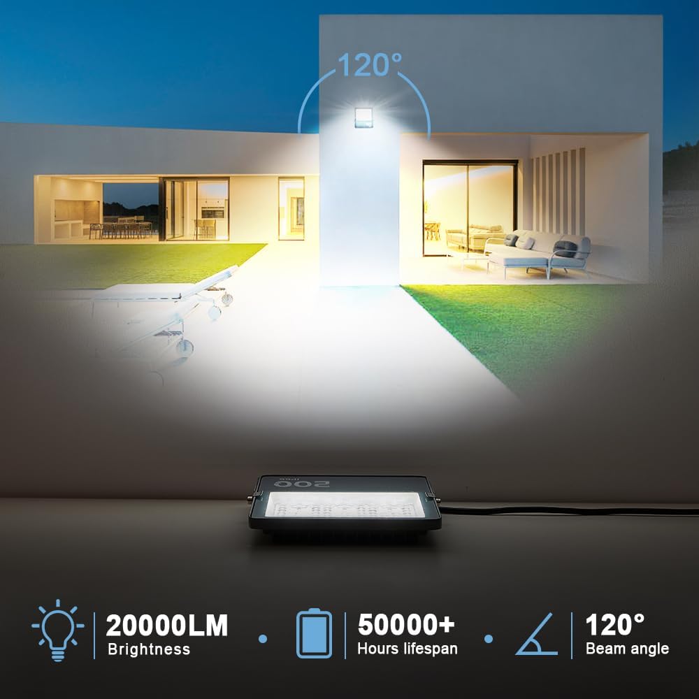 Luces LED de inundación para exteriores, 200W 20000LM Luz de trabajo LED con conductor, 6500K luz blanca diurna, IP66 portátil impermeable al aire