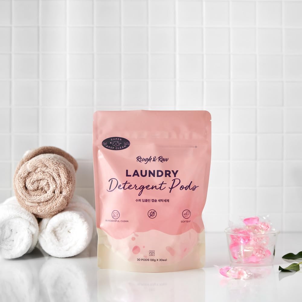 ROUGH & RAW, Cápsulas de detergente para ropa, flor de cerezo, rosa, alta eficiencia, refuerzo de aroma, 30 unidades